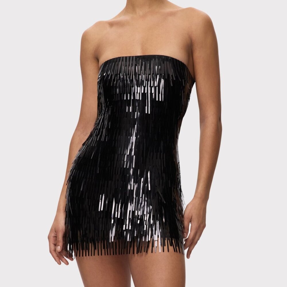 Herve Leger Black Strapless Sequin Fringe Mini Dress